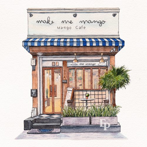 Elodie Plume - Make Me Mango Café, Bangkok, Thaïlande - Illustration aquarelle façade de bâtiment
