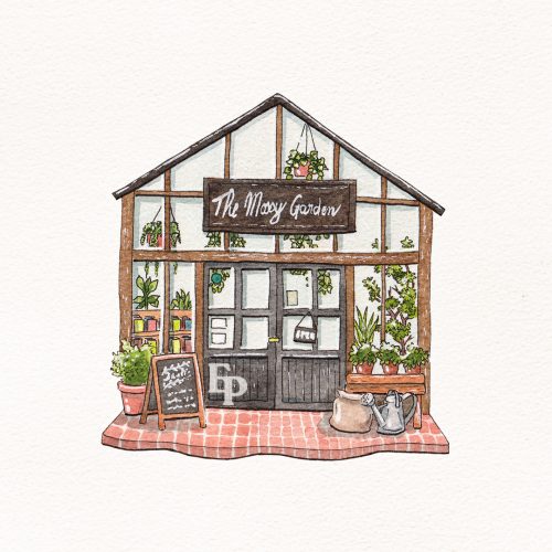 Elodie Plume - Portfolio - Mini façades à l'aquarelle - Jardinerie