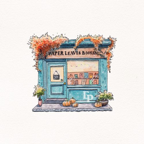 Elodie Plume - Portfolio - Mini façades à l'aquarelle - Librairie automne