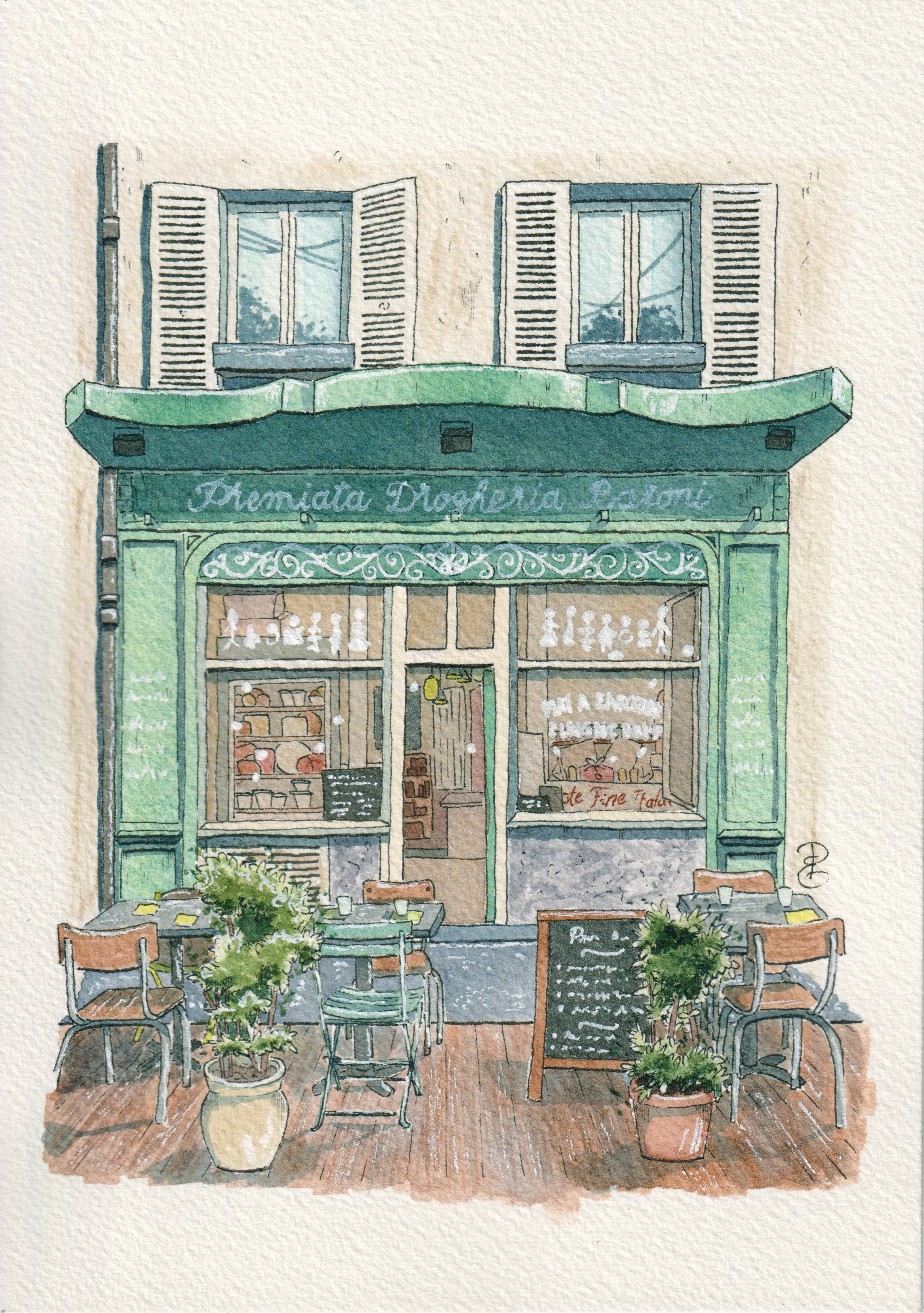 Portrait de lieu à l'aquarelle, restaurant italien, lieu de premier rendez-vous, cadeau de mariage
