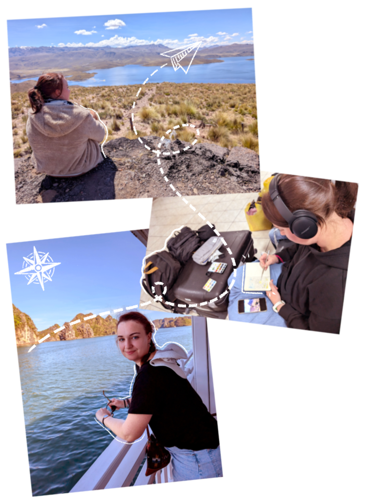 Collage de photos de voyage : Élodie peignant un carnet d'aquarelle à l'aéroport au Pérou, face à un lac de montagne au Pérou et sur un bateau au Vietnam, reliées par un tracé d'avion en papier.